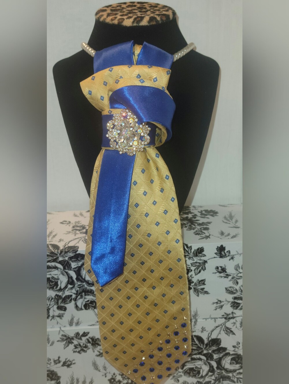 Blue and Gold Necktie Necklace with Crystal Pin